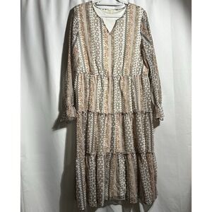 Indigo Soul Women's XL Maxi Tiered Dress Sheer Lined Brown Pink Boho Peasant